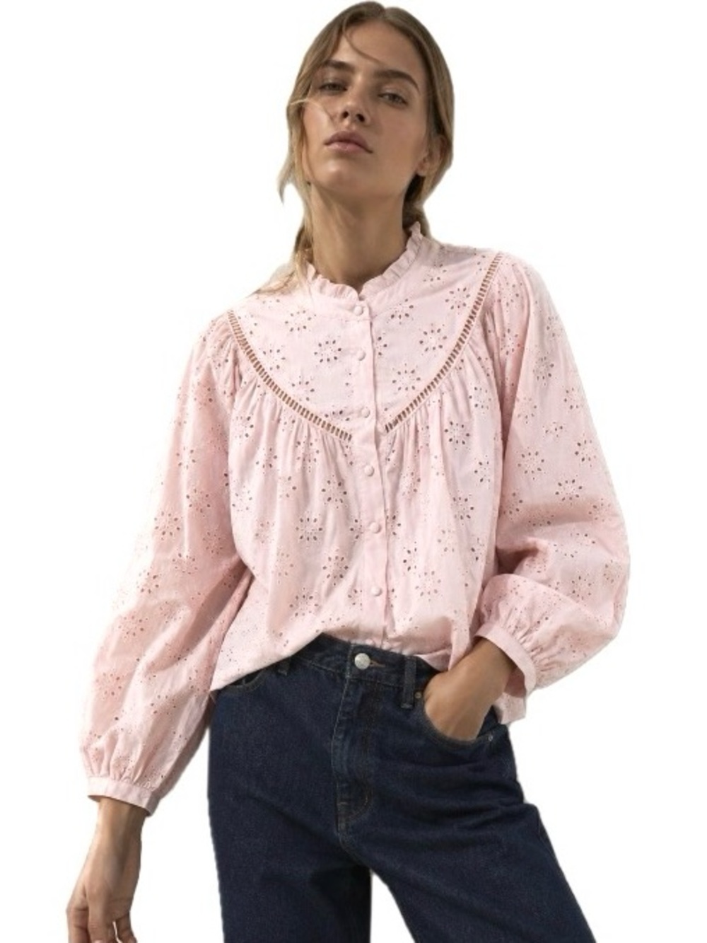 Zara, NWT Soft Pink Eyelet Embroidered Blouse Romantic Cottagecore, Size Large